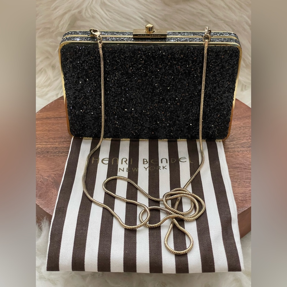 henri bendel Black Glitter Box Clutch with Gold Chain